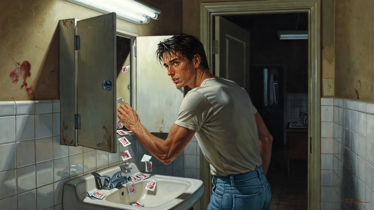 A bare-shouldered young man seen from behind reaching into a secret panel behind a medicine cabinet, pill packets spilling out.