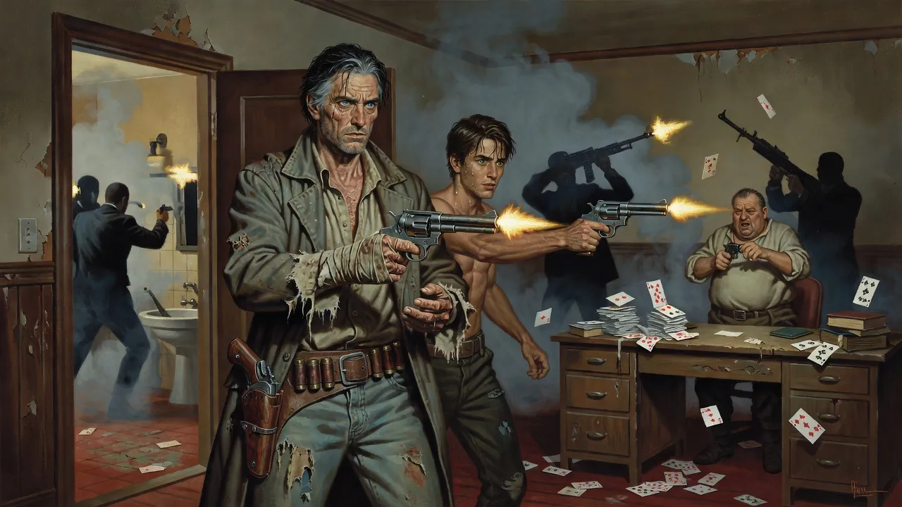 A gunslinger and a bare-chested young man firing revolvers from a bathroom doorway into an office where a tower of playing cards lies scattered across a desk.