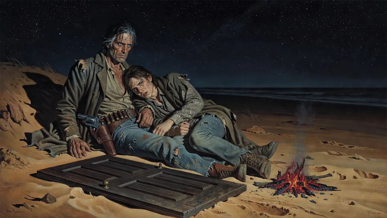 A door lying flat on night sand beside a gunslinger holding a shaking young man against him.