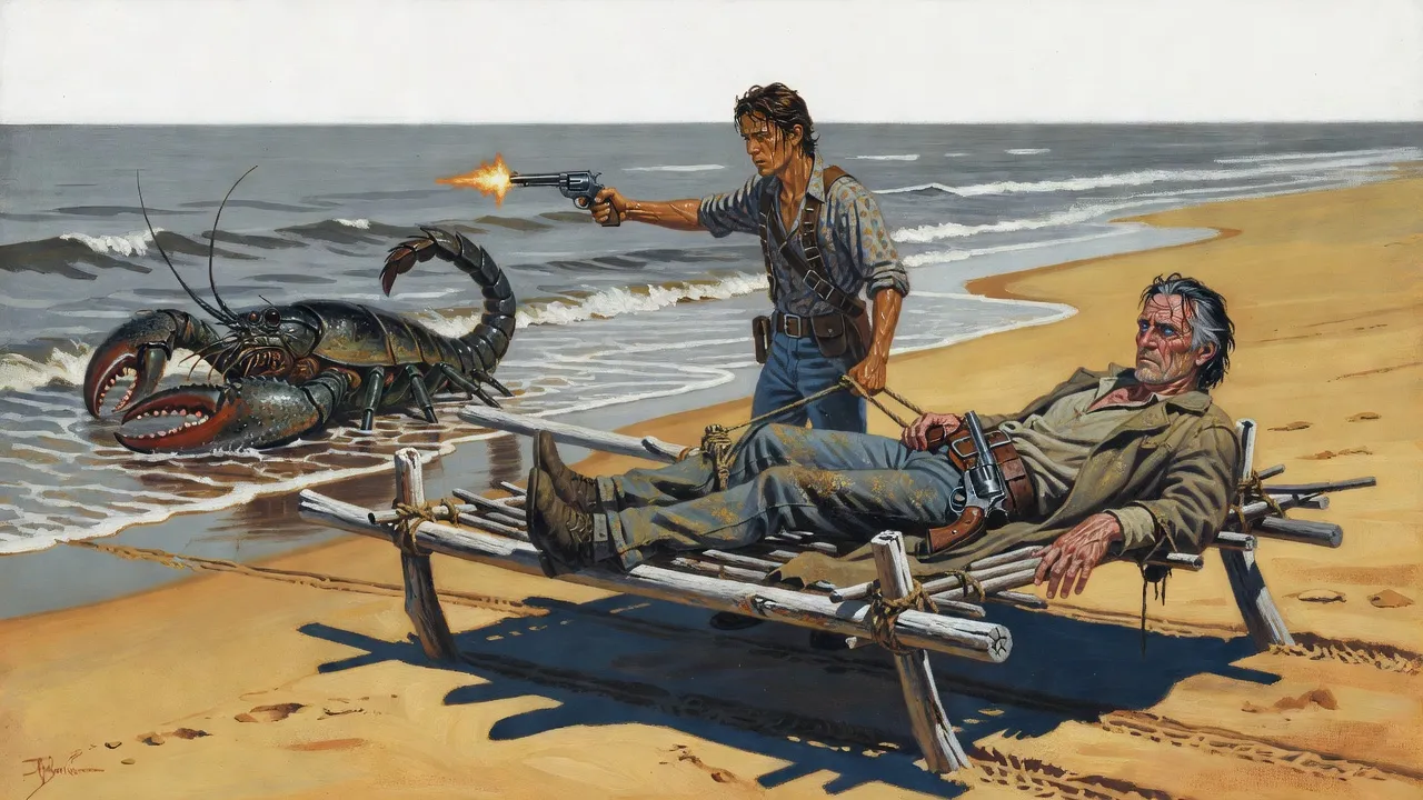 A young man dragging a fevered gunslinger north on a driftwood travois under hard sun, a revolver in his free hand.