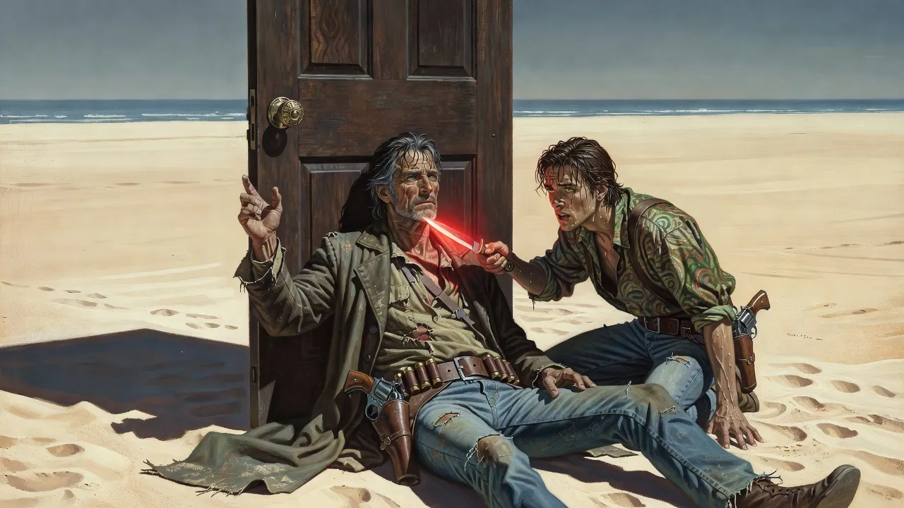 A young man holding a knife to the throat of a slumped, empty-eyed gunslinger beside a door seen edge-on on the sand.