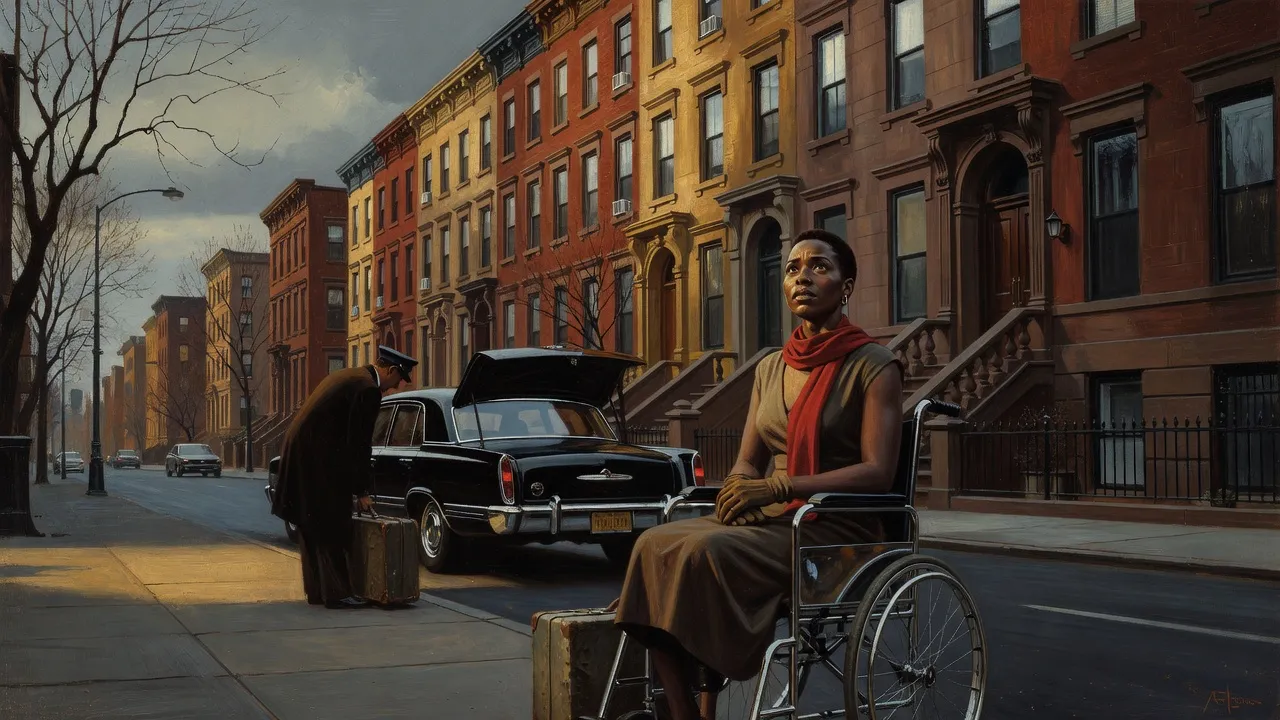 A composed Black woman in a wheelchair at a winter kerb beside a long black car while a chauffeur lifts a suitcase from the trunk.