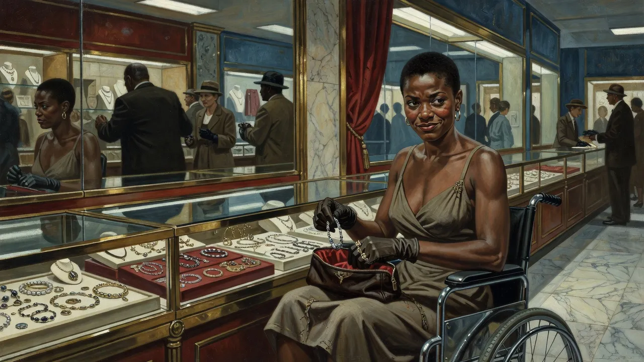 A sneering Black woman in a wheelchair at a department-store jewellery counter sliding a bracelet into her purse while a detective approaches in the mirror.
