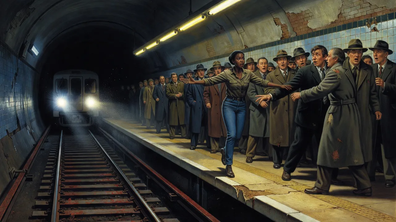 A young woman in jeans pitching off a 1959 subway platform toward the tracks as a train’s headlamp fills the tunnel.