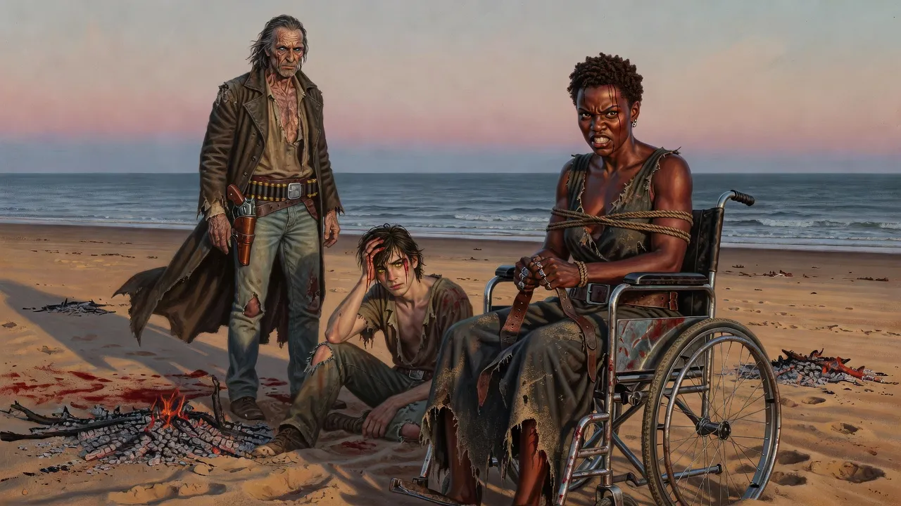A sneering woman lashed into a wheelchair with rope at dawn while a bloodied young man sits in the sand and a gaunt gunslinger stands over her.