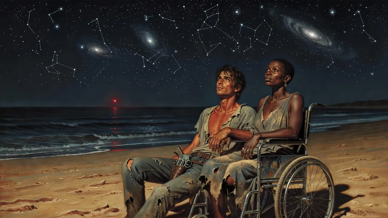A young man and a woman in a wheelchair side by side on a night beach, both faces turned up to a sky of unfamiliar stars.