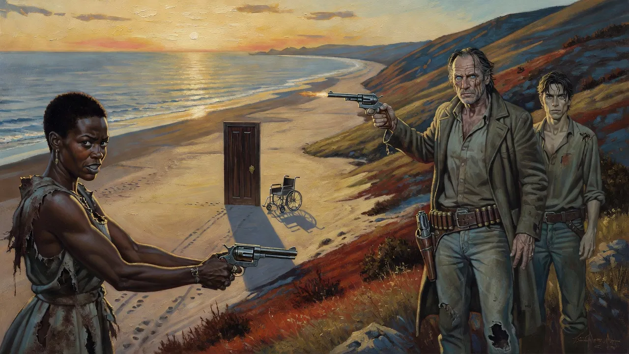 A sunrise beach with a lone door and an empty wheelchair, two small men by it, and a sneering woman lying hidden in hillside grass with a revolver.