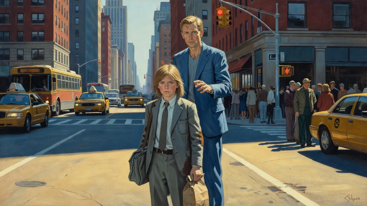 A blond schoolboy with a paper lunch bag at a busy New York kerb, a blank-faced man in a blue suit directly behind him with hands half raised.