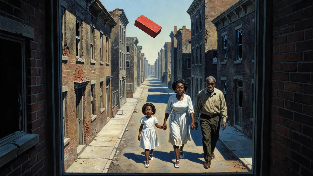 A brick falling from a dark tenement window toward a small girl in a good dress walking far below between two adults.