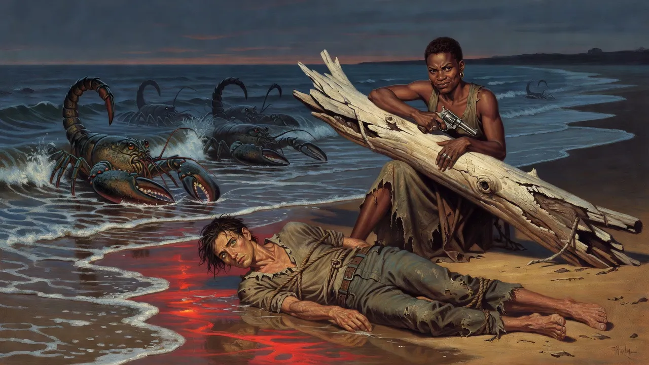 A young man bound and noosed on wet sand at dusk while a sneering legless woman with a revolver drags herself back up the beach and lobster-like creatures stir in the surf.
