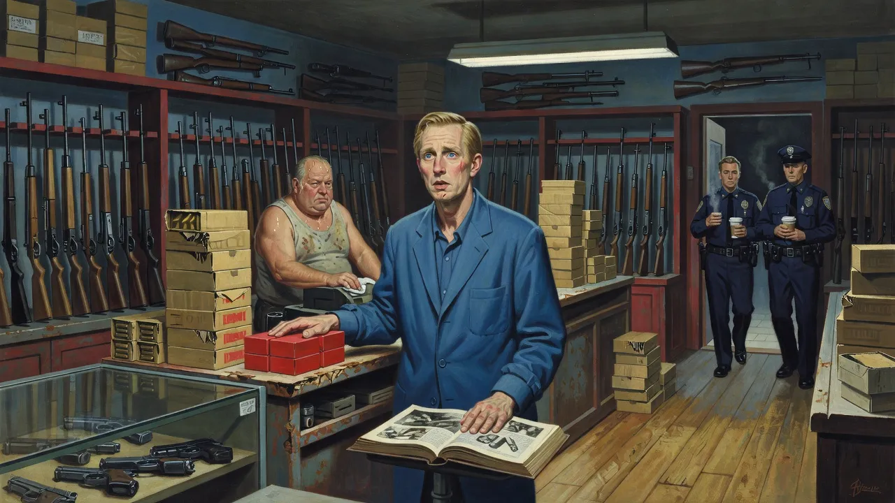 A thin man in a blue suit at a gun-shop counter staring in wonder at a catalogue, boxes of cartridges before him, two police officers entering behind.