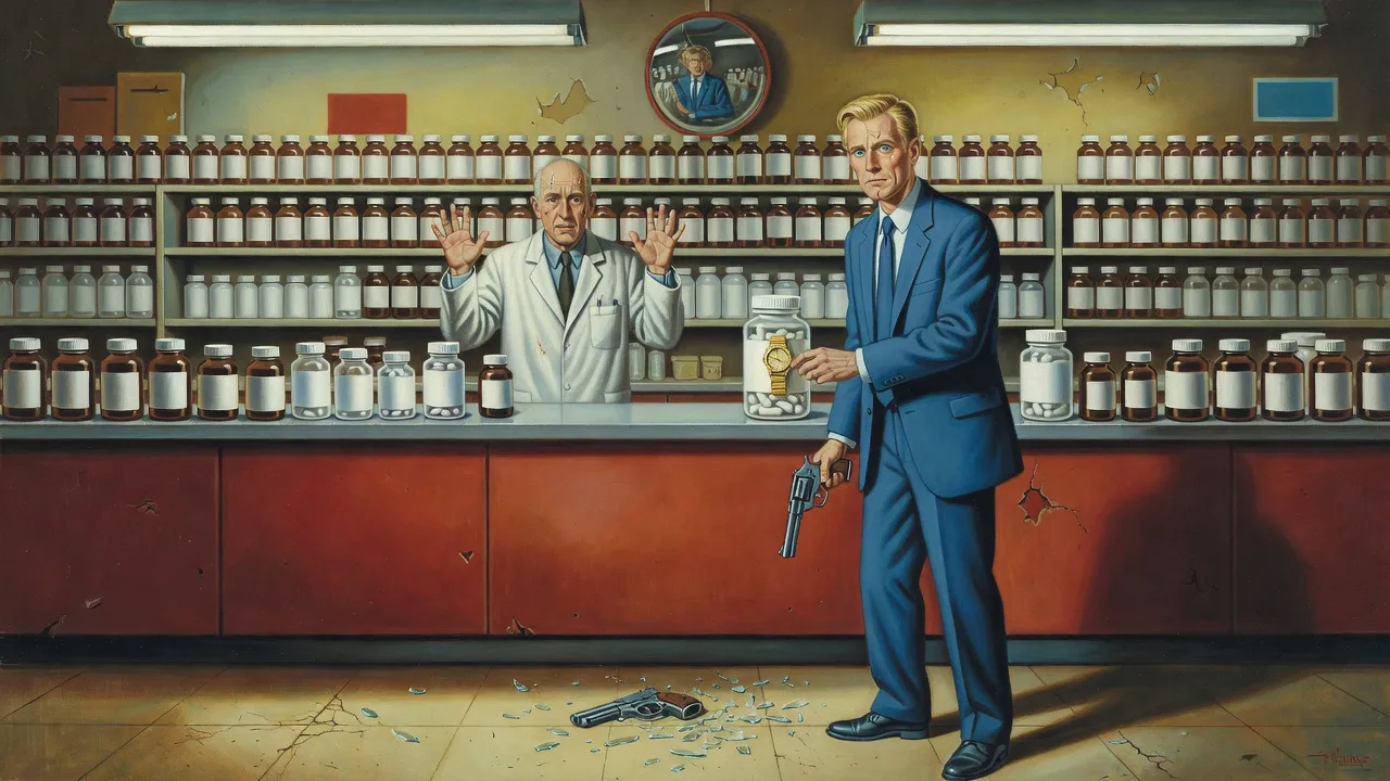 A man in a blue suit setting a gold watch on a drugstore counter beside a large bottle of capsules, a frightened druggist with hands raised.