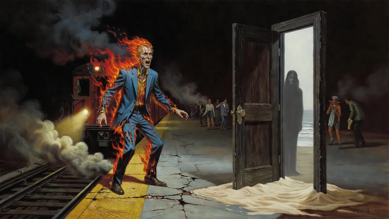 A burning man in a blue suit teetering at a subway platform’s edge as a train’s headlamp fills the tunnel, a lone open door standing in the air beside him.