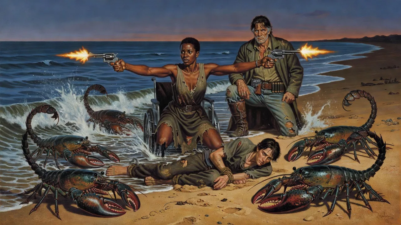 A legless Black woman up on her stumps in the surf firing two revolvers at once, driving lobster-like creatures off a bound young man while a kneeling gunslinger watches.
