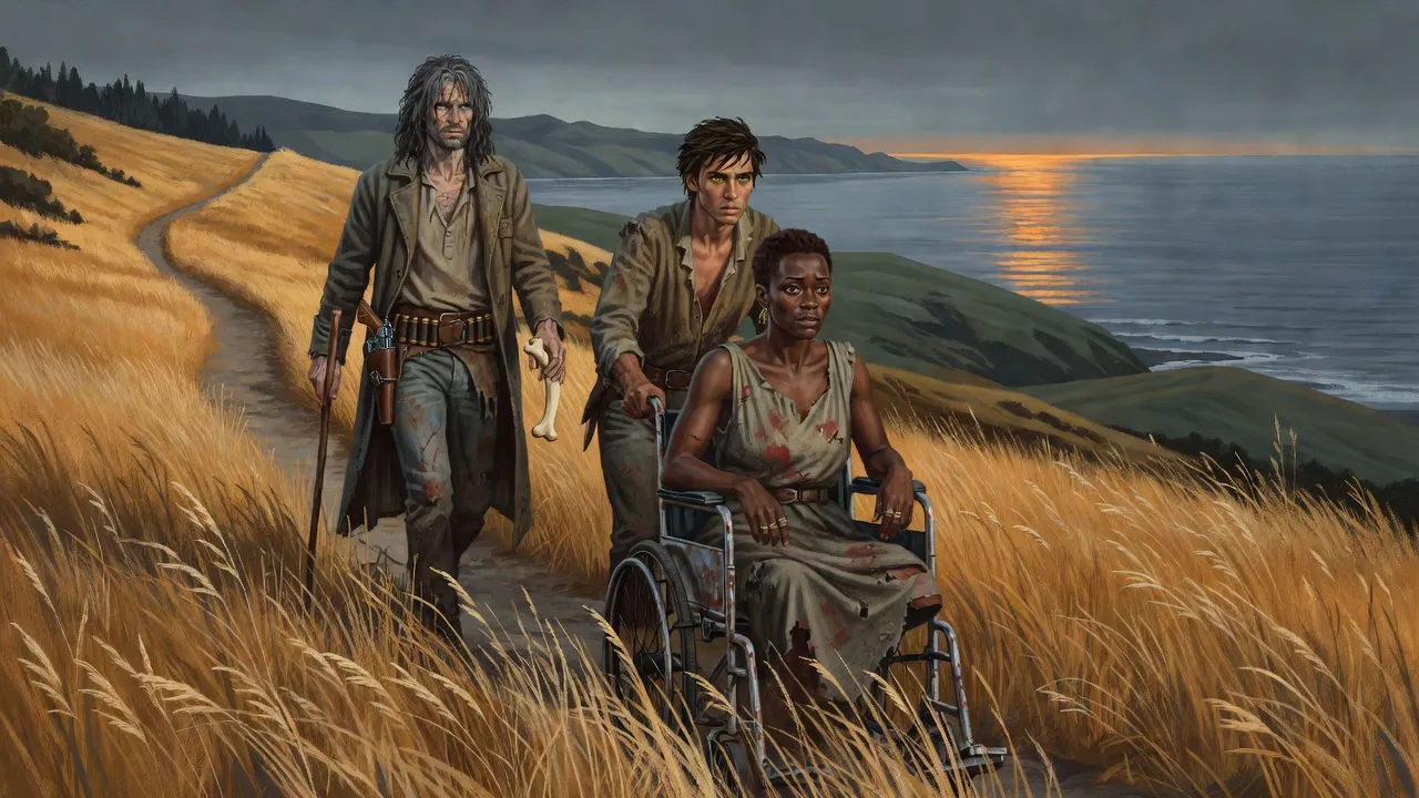 A young man pushing a woman in a wheelchair up a grassy hillside toward woods, a gaunt gunslinger walking ahead with a stick and a jawbone, the sea far below.