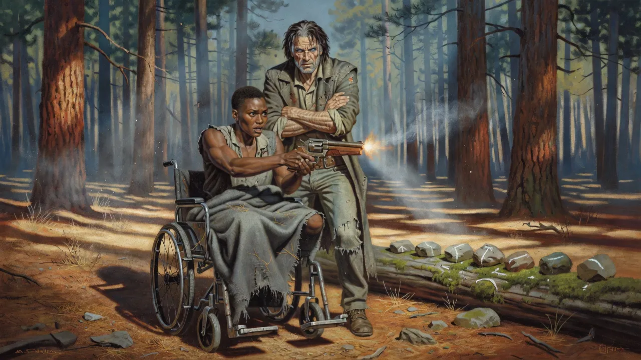 Roland stands beside Susannah in her wheelchair as she aims a revolver at targets in a sunlit forest clearing.