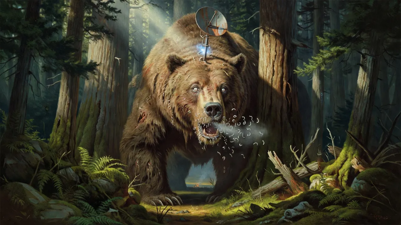 A gigantic diseased bear with a radar dish on its skull looms through the old-growth forest.