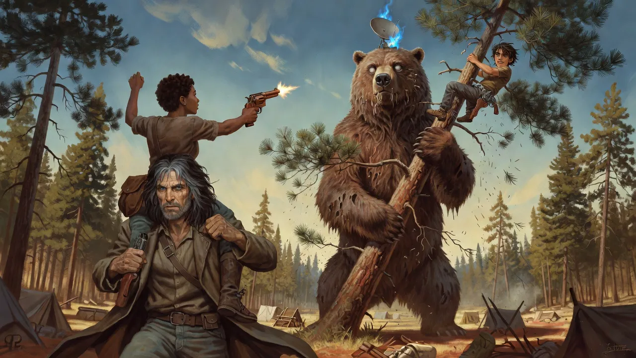Susannah, riding on Roland’s shoulders, fires upward at the radar dish on the bear’s head while Eddie clings to a shaking tree.