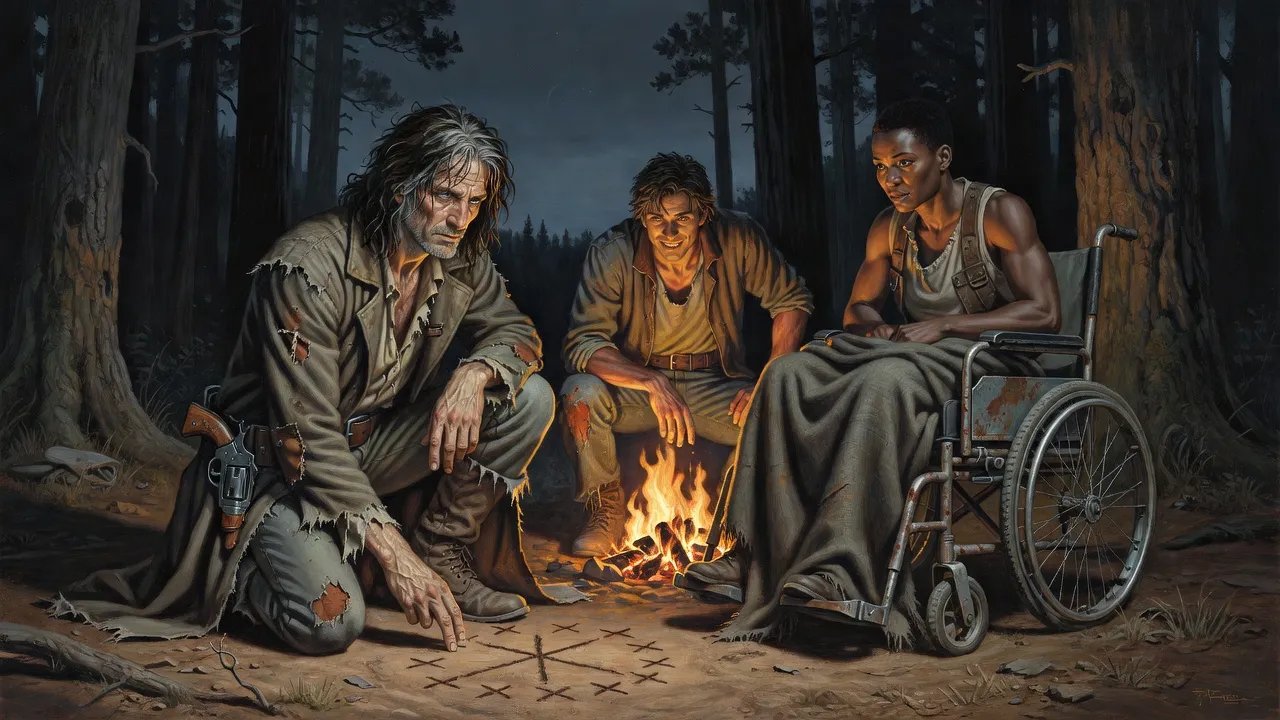 Roland draws a circle of twelve marks with lines meeting at a centre in the dirt by firelight as Eddie and Susannah watch.