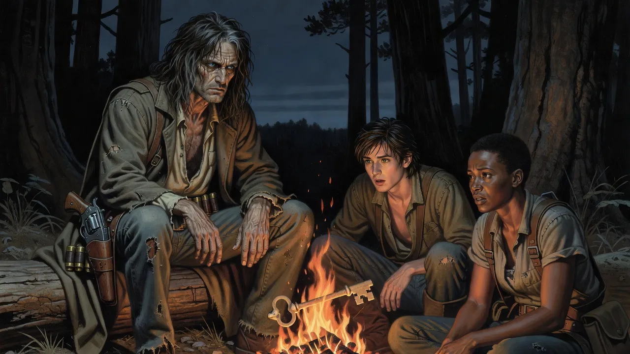 Roland sits hollow-eyed by a campfire in which a jawbone burns, between Eddie, who stares at the flames, and Susannah.