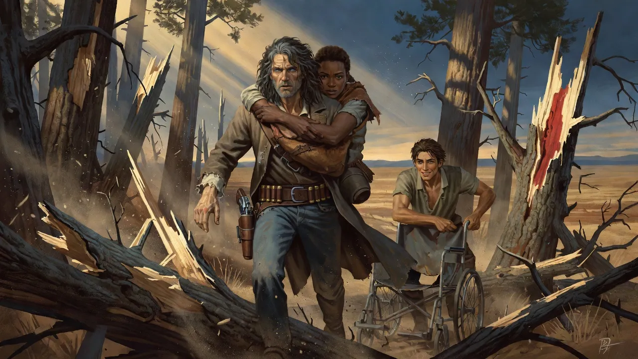 Roland carries Susannah on his back in a sling along a trail of smashed trees while Eddie follows with the empty wheelchair.