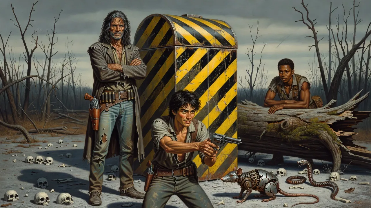 A striped nine-foot metal box stands in a clearing of grey bone dust while Eddie aims a revolver at a mechanical rat and snake and Roland watches with folded arms.