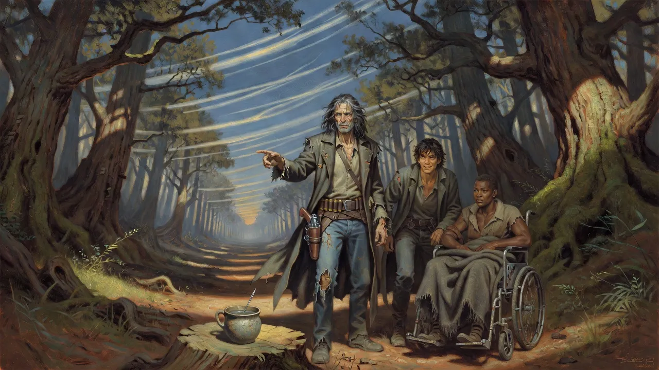Roland points down a forest aisle where clouds stream in a line overhead and every branch and shadow leans the same way.