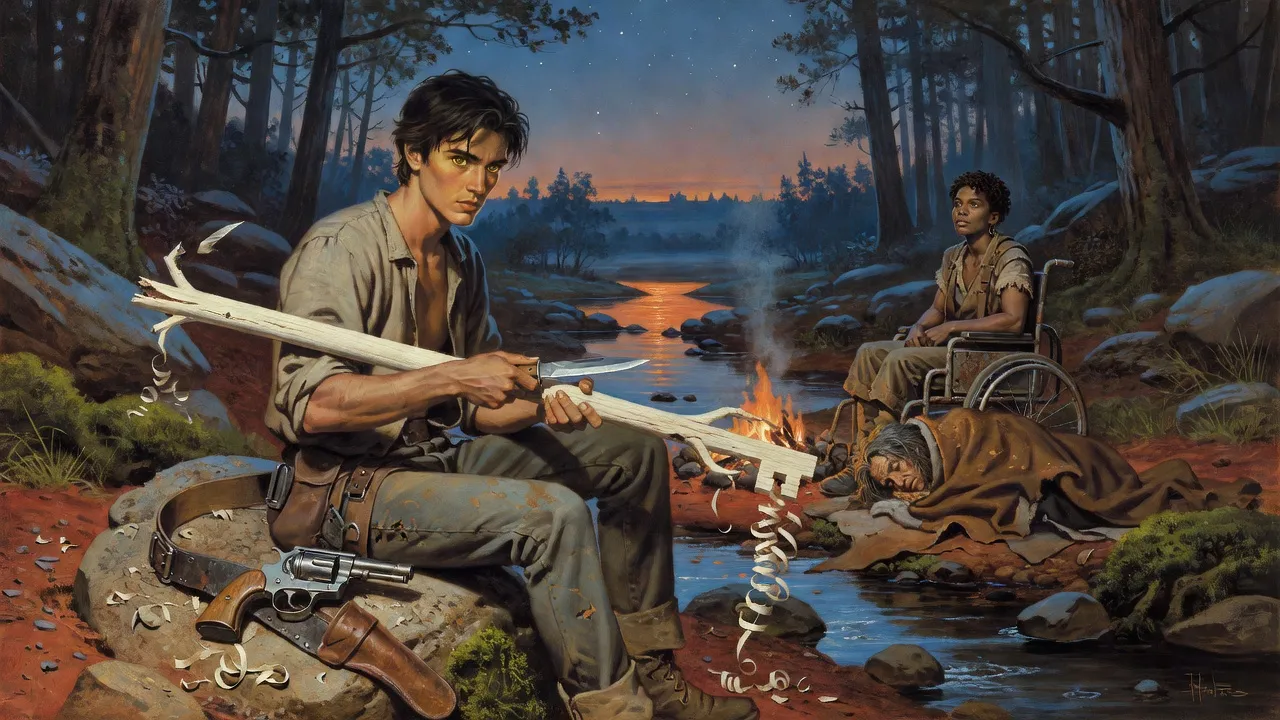 Eddie sits on a stream bank at dusk carving a key shape from an ash branch, a heavy gunbelt beside him.