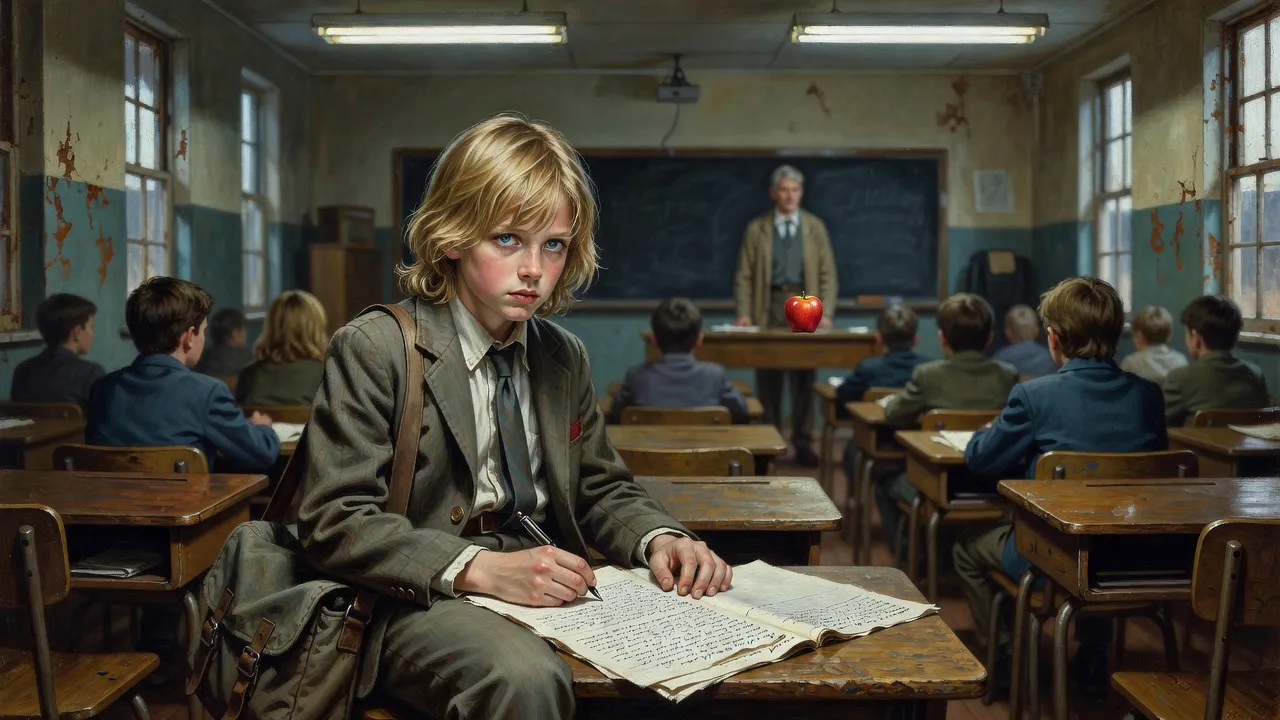 Jake sits at a school desk under fluorescent light with a handwritten essay in front of him, other children blurred around him.