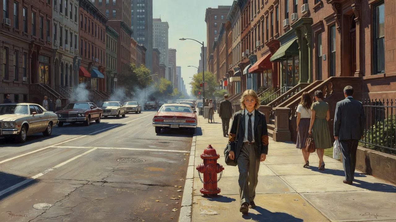 A small boy in a school blazer walks alone down a hot Manhattan avenue, the school behind him.
