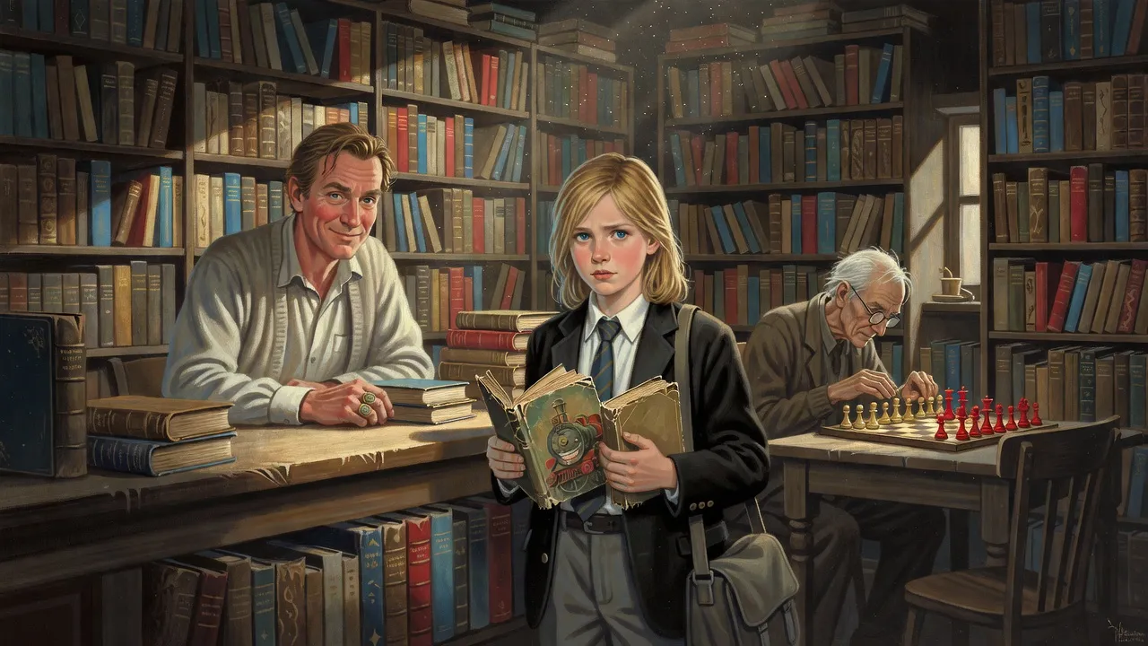 A boy in a blazer stands at a cluttered bookshop counter holding two small books while two older men sit at a chessboard.
