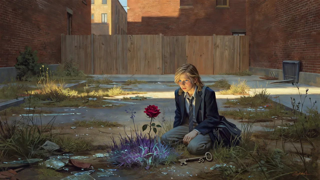 A boy kneels in a weed-choked lot between city buildings before a single glowing red rose.