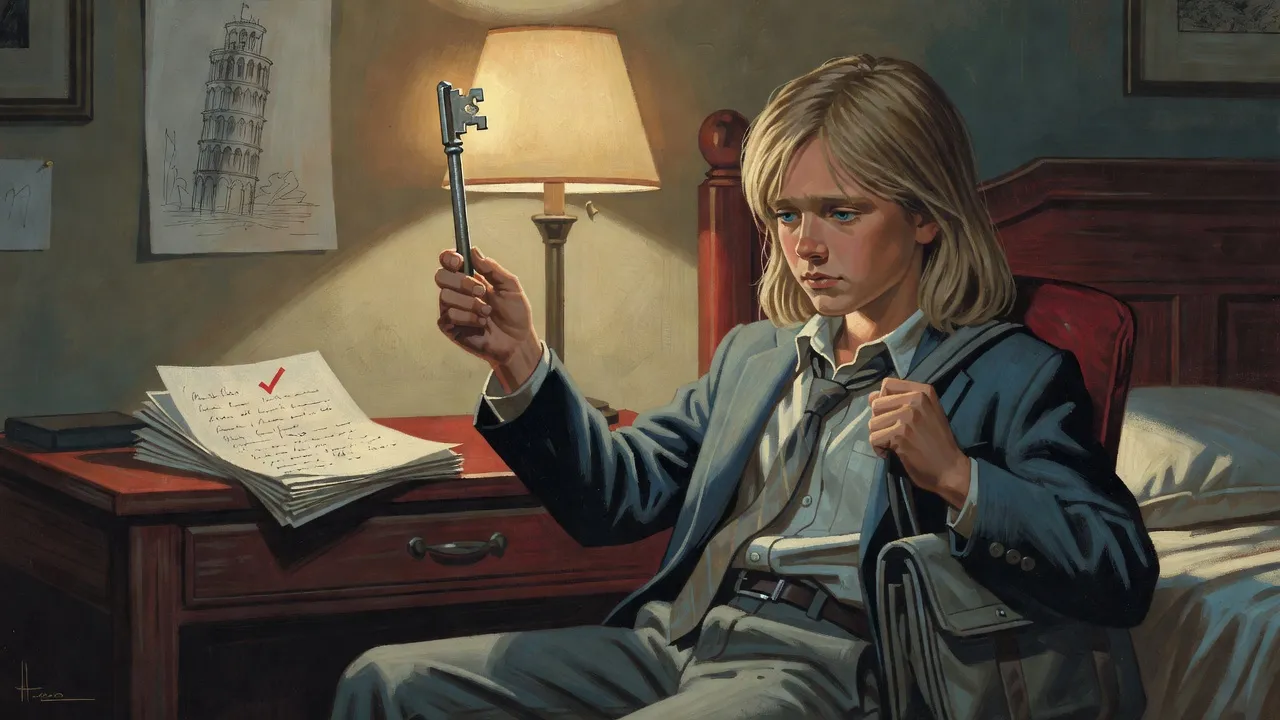 Close on a boy’s hand holding an ornate old key up to a bedside lamp, a stack of essay pages on the desk behind.