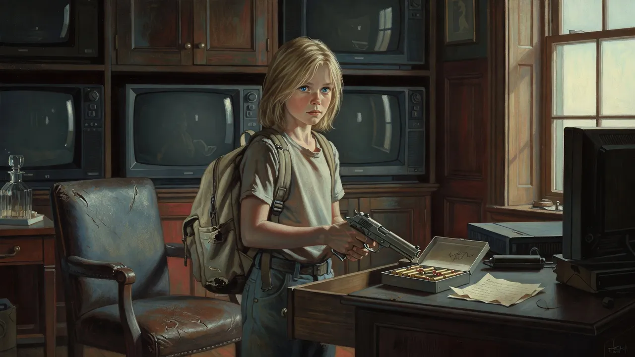 A boy with a backpack stands at a desk in a wood-panelled study in early morning light, lifting a pistol from a drawer.