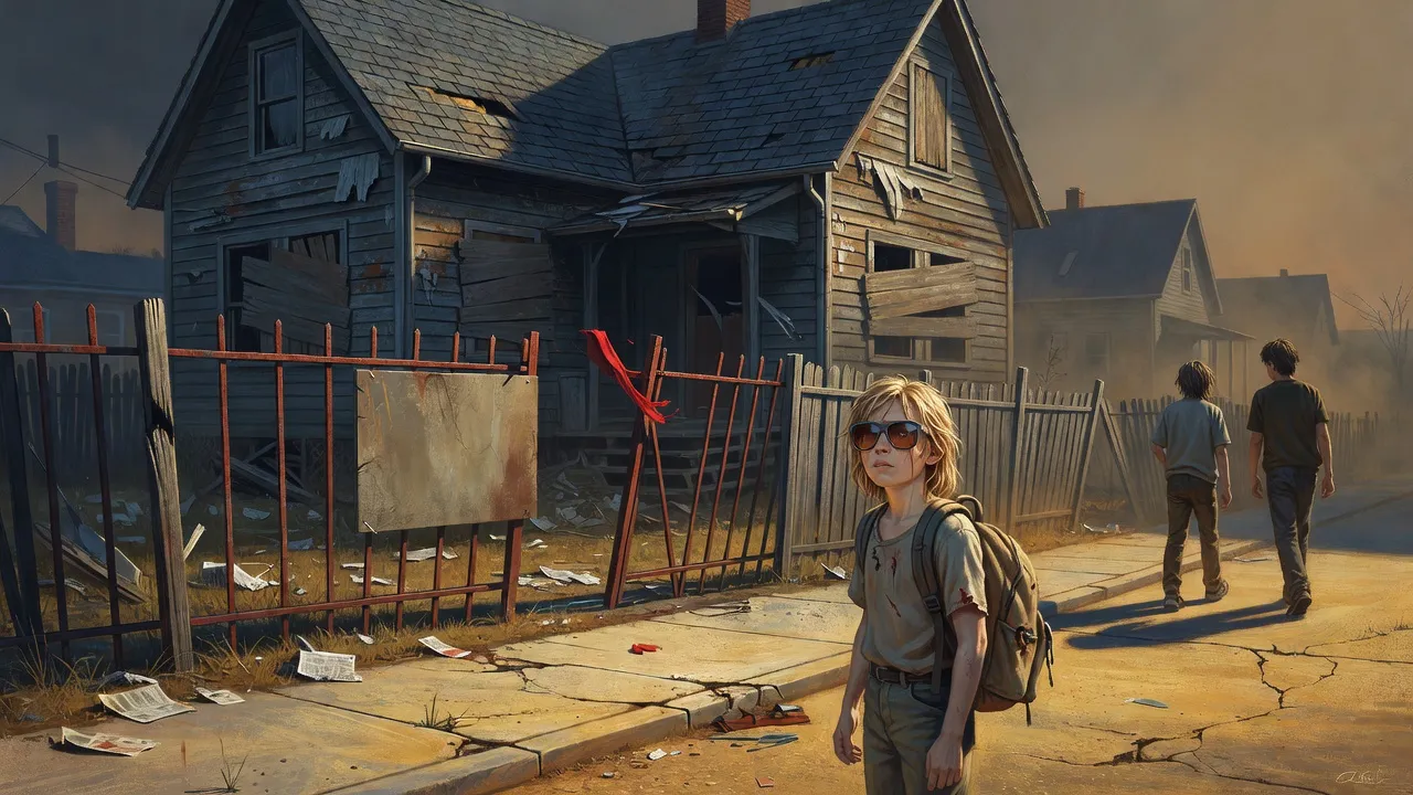 A boy with a backpack stands at the gate of a condemned slate-roofed house in a trash-strewn yard while two older boys walk away down the street.