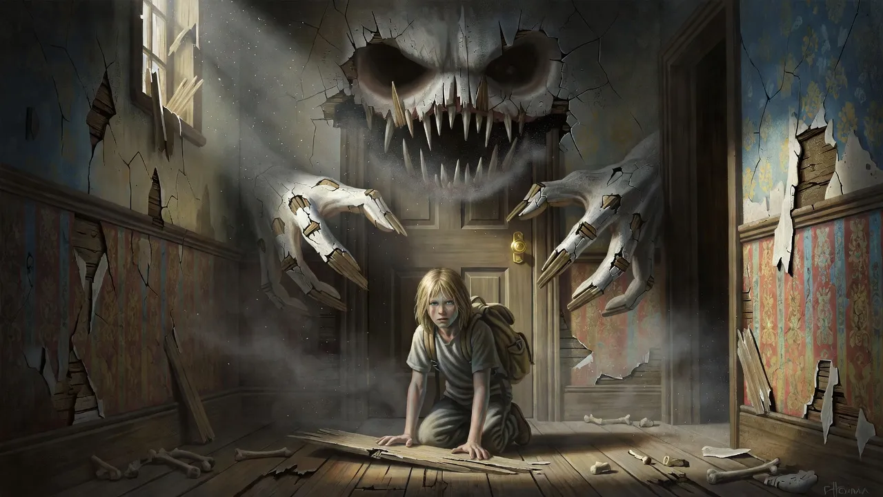 In a ruined hallway a boy pries at floorboards before a door with a golden knob as a vast plaster face and hands swell out of the wall above him.