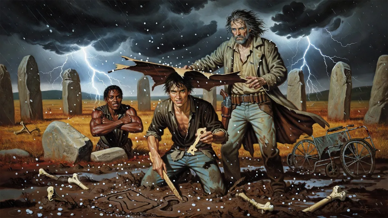 In a ring of standing stones under hail, Eddie kneels beneath a hide drawing a door shape in the mud while Susannah strains against something invisible nearby.