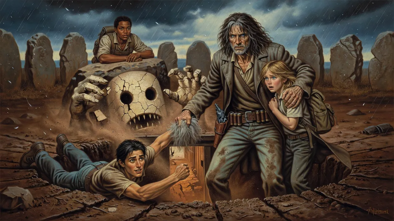 In a hail-lashed stone ring, Eddie lies at the edge of a door-shaped opening in the mud, hauling Roland up by the hair as Roland clutches a boy and plaster fingers reach up from the dusty hallway below.