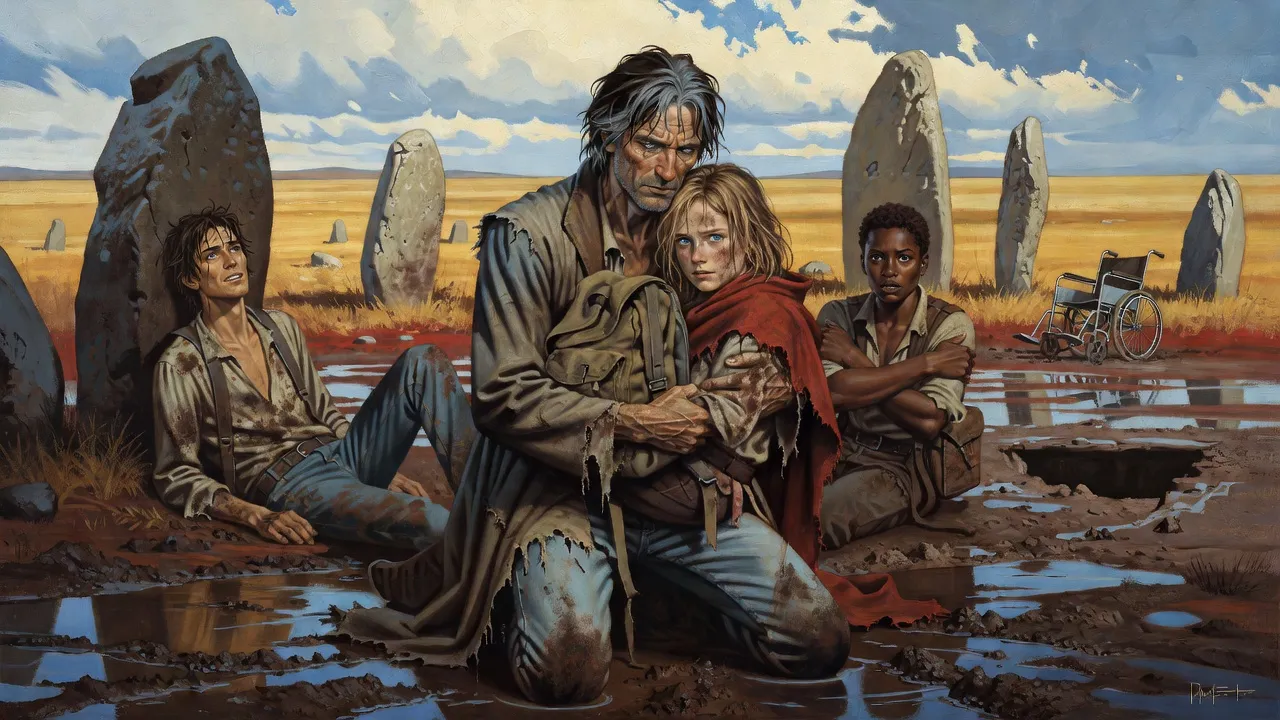 Roland kneels in the mud of the stone ring holding a boy against his chest while Eddie and Susannah sit exhausted nearby as blue sky breaks through the clouds.
