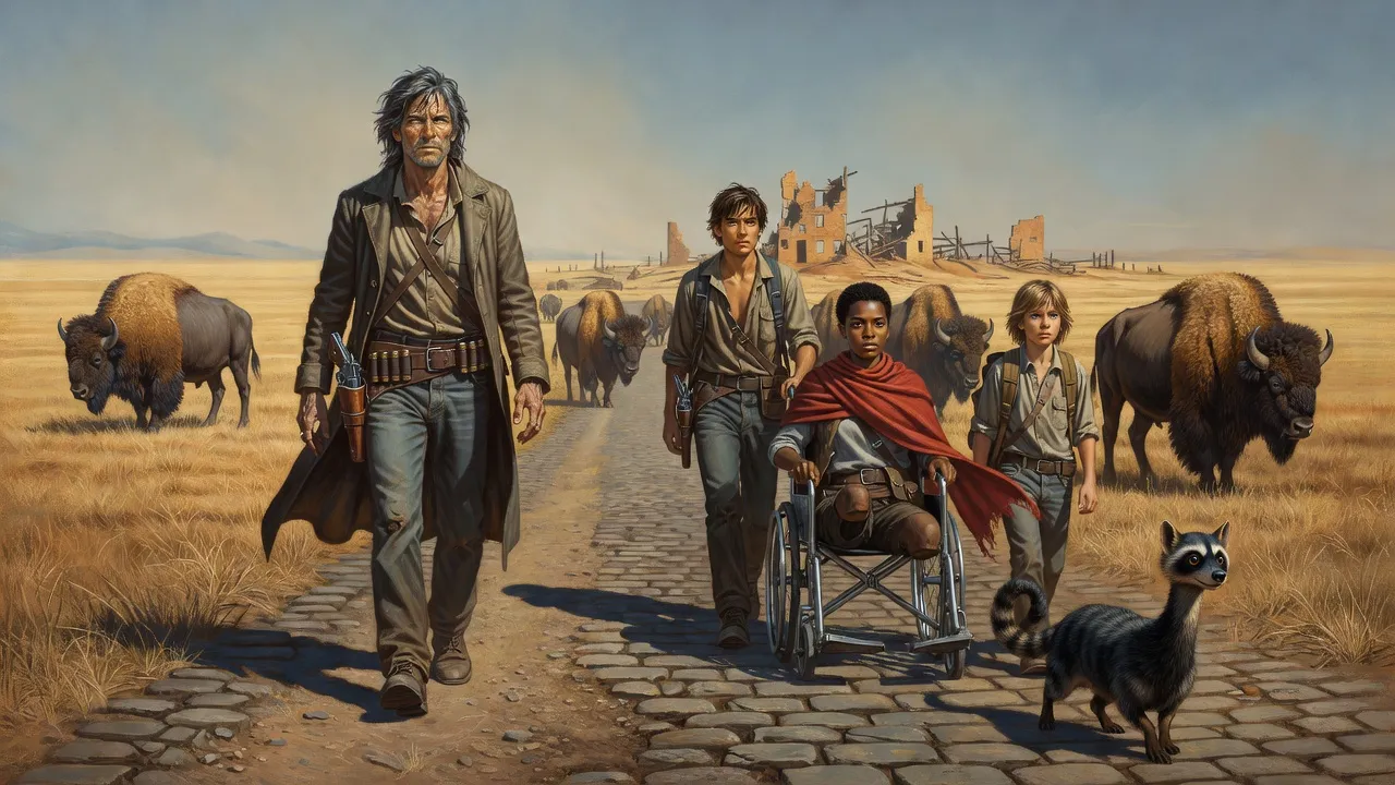 Five travellers on a cobbled road cross a wide plain where a herd of bison, some with two heads, grazes beneath a vast sky.