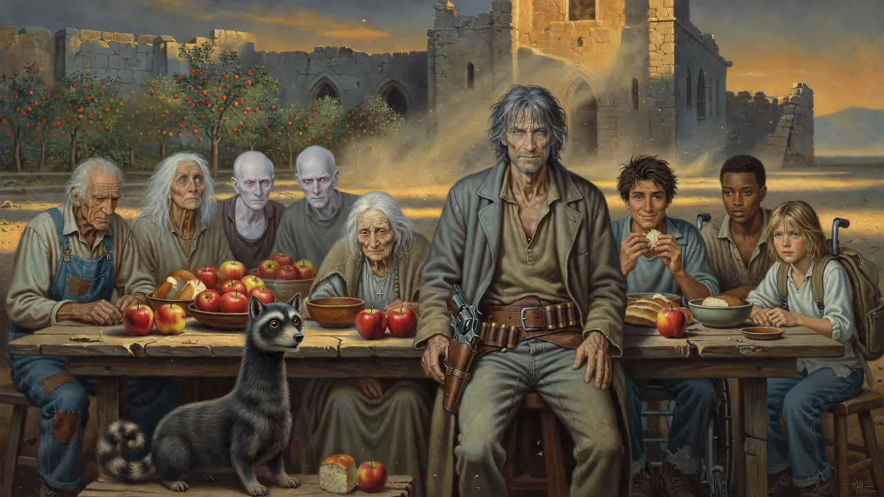 Very old people and five travellers share a laden table in a walled garden in late sun, an ancient tiny woman at its head.