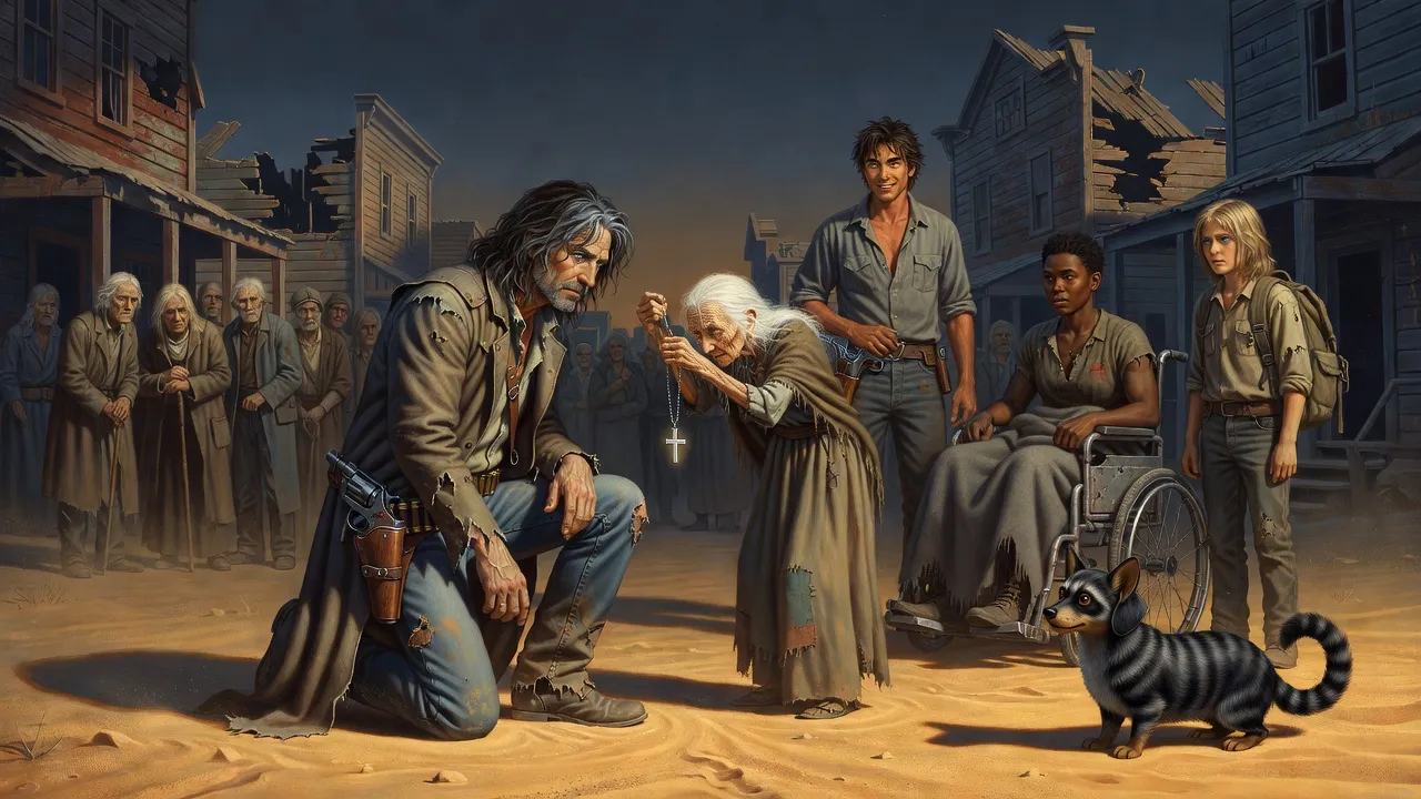 Roland kneels in the dust of a town square before a tiny ancient woman who hangs a silver cross around his neck.