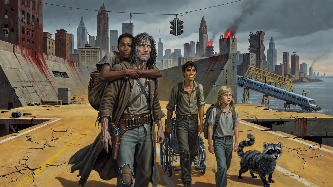 Five travellers at a road junction under a dead traffic light face a vast ruined city skyline, a collapsed golden trestle and a blue train lying in the river beside them.