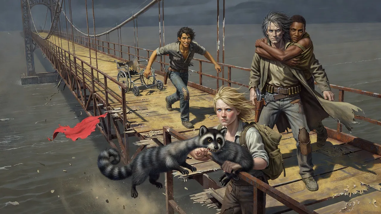 On a tilted, rusted suspension bridge high above a river, a boy holds a small animal over a gap in the walkway while a young man runs along the cable toward him.
