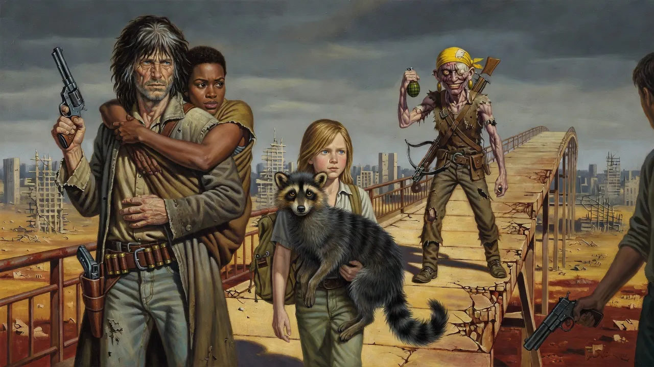 A one-eyed man in a yellow headscarf holds up a grenade on a ruined bridge as a boy carrying a small animal walks toward him.