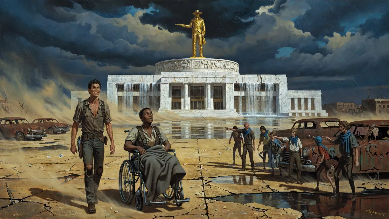 A young man pushes a woman in a wheelchair across a vast plaza toward a white marble building with water streaming down its walls and a gilded statue on its roof, ragged figures in blue scarves watching.