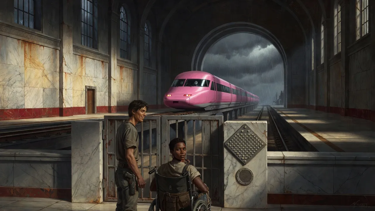 Inside a cathedral-like marble hall a long pink bullet-nosed train rests in its berth, two forward windows like eyes, a man and a woman in a wheelchair small before it.