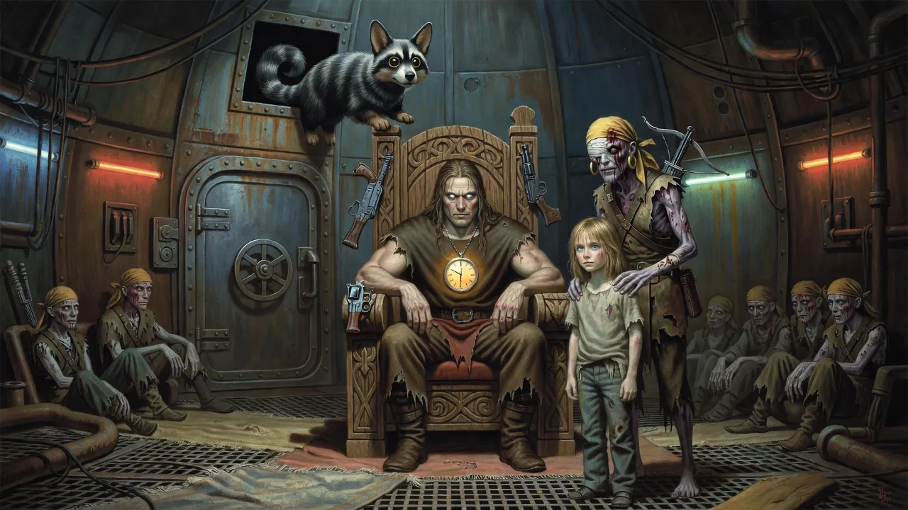 In a tall neon-lit underground chamber a giant man with a clock on his chest sits on a throne-like chair while a one-eyed harrier stands behind a boy, and a small striped animal crouches in a duct opening above.