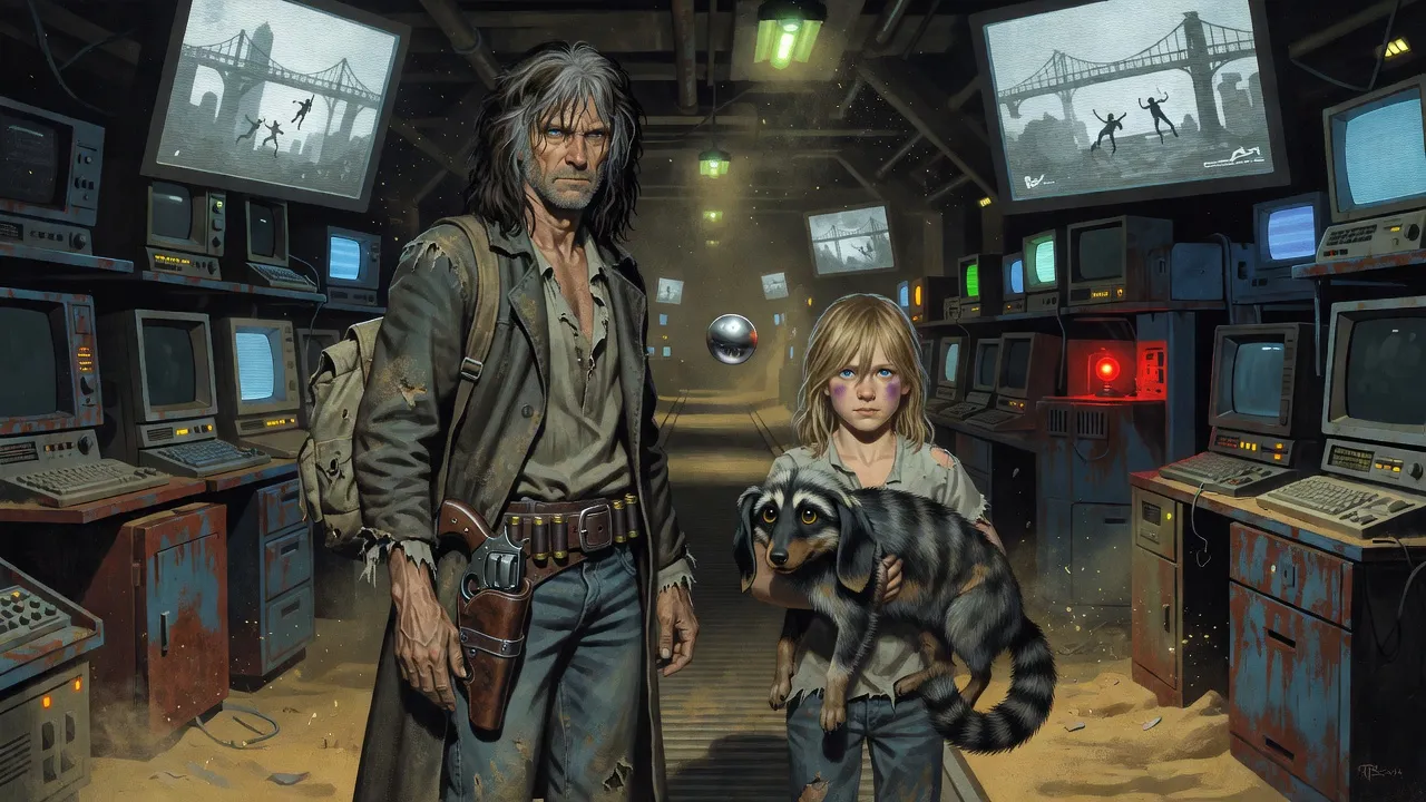 Roland, a boy and a small striped animal ride a moving walkway through dim banks of ancient computers lit by flickering screens.