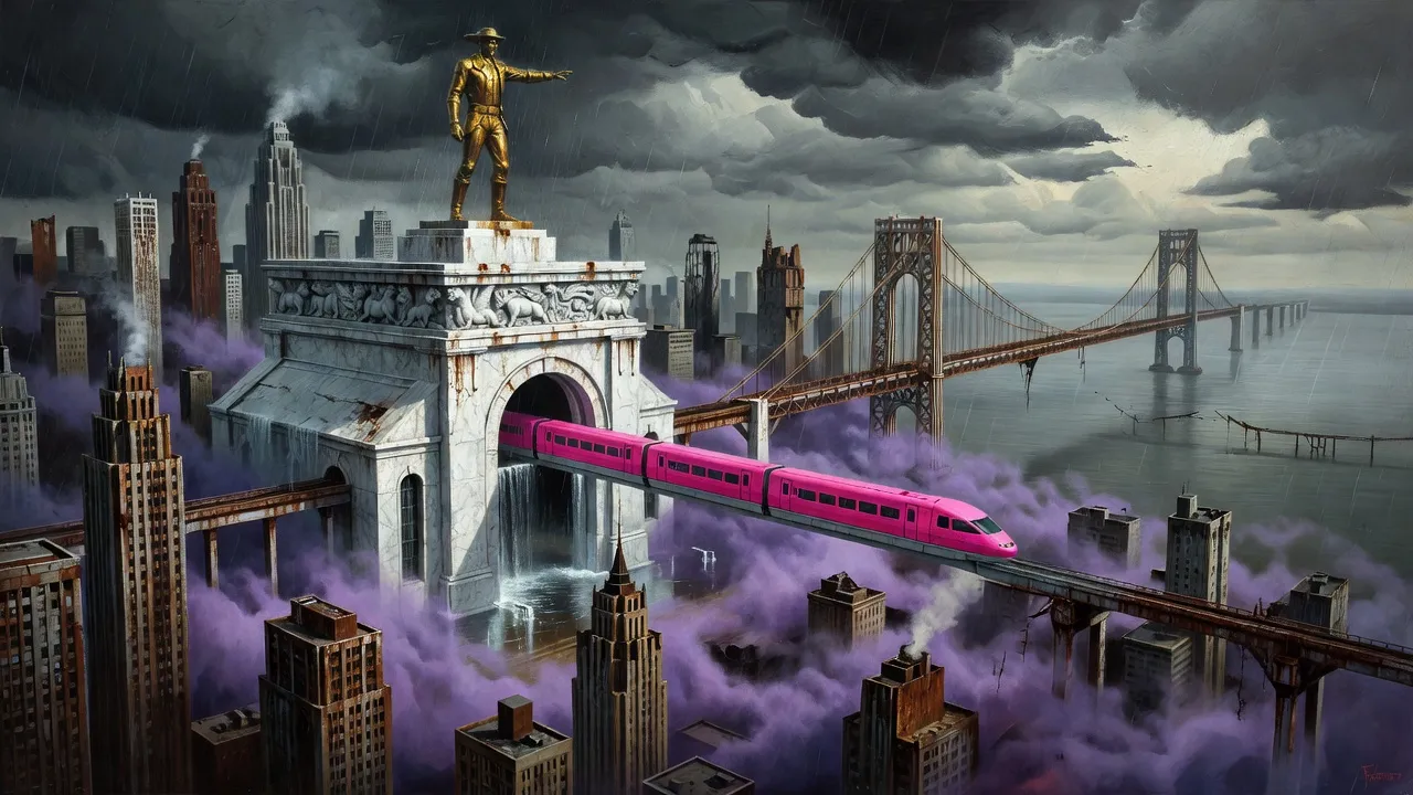 A long pink train slides out of a marble terminal on an elevated rail above a ruined city whose streets are filling with purple fog under storm clouds.